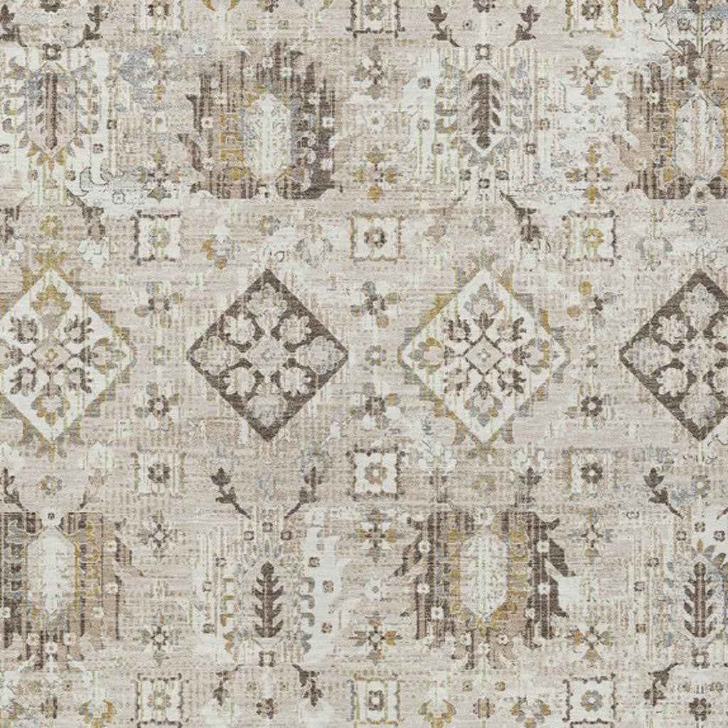 5' X 8' Linen And Ivory Floral Medallion Washable Indoor Outdoor Area Rug