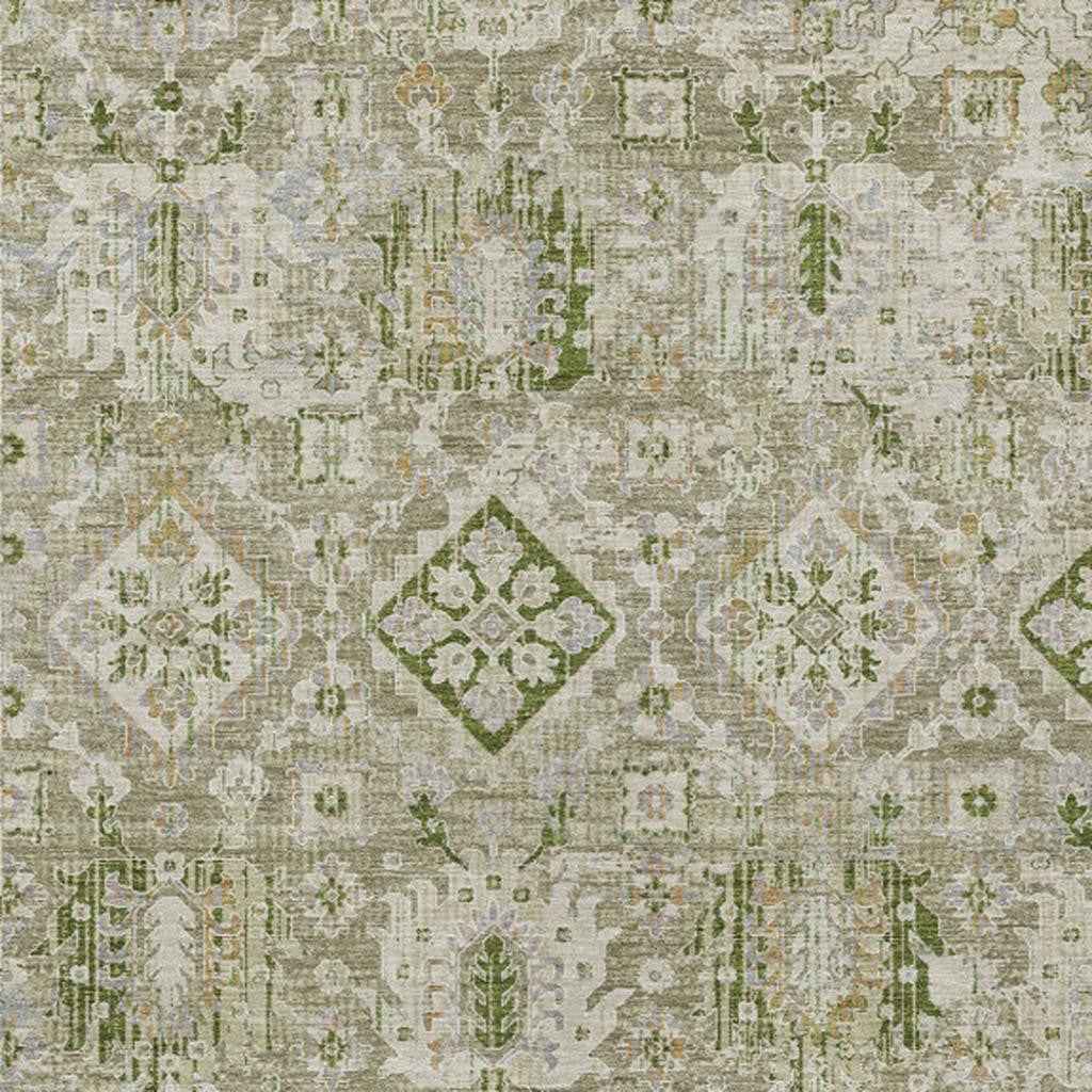 5' X 8' Fern Green And Beige Floral Medallion Washable Indoor Outdoor Area Rug