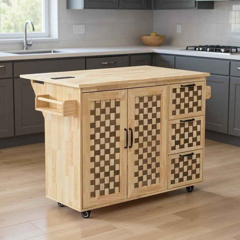 53" Natural Wood Rolling Kitchen Island