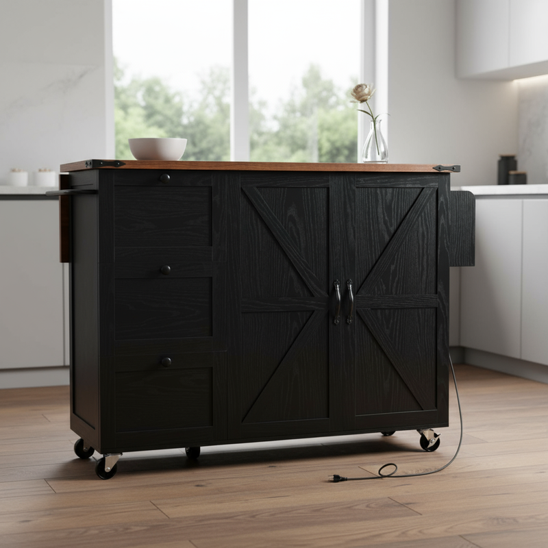 55" Black Wood Rolling Kitchen Island - GreatEagleInc