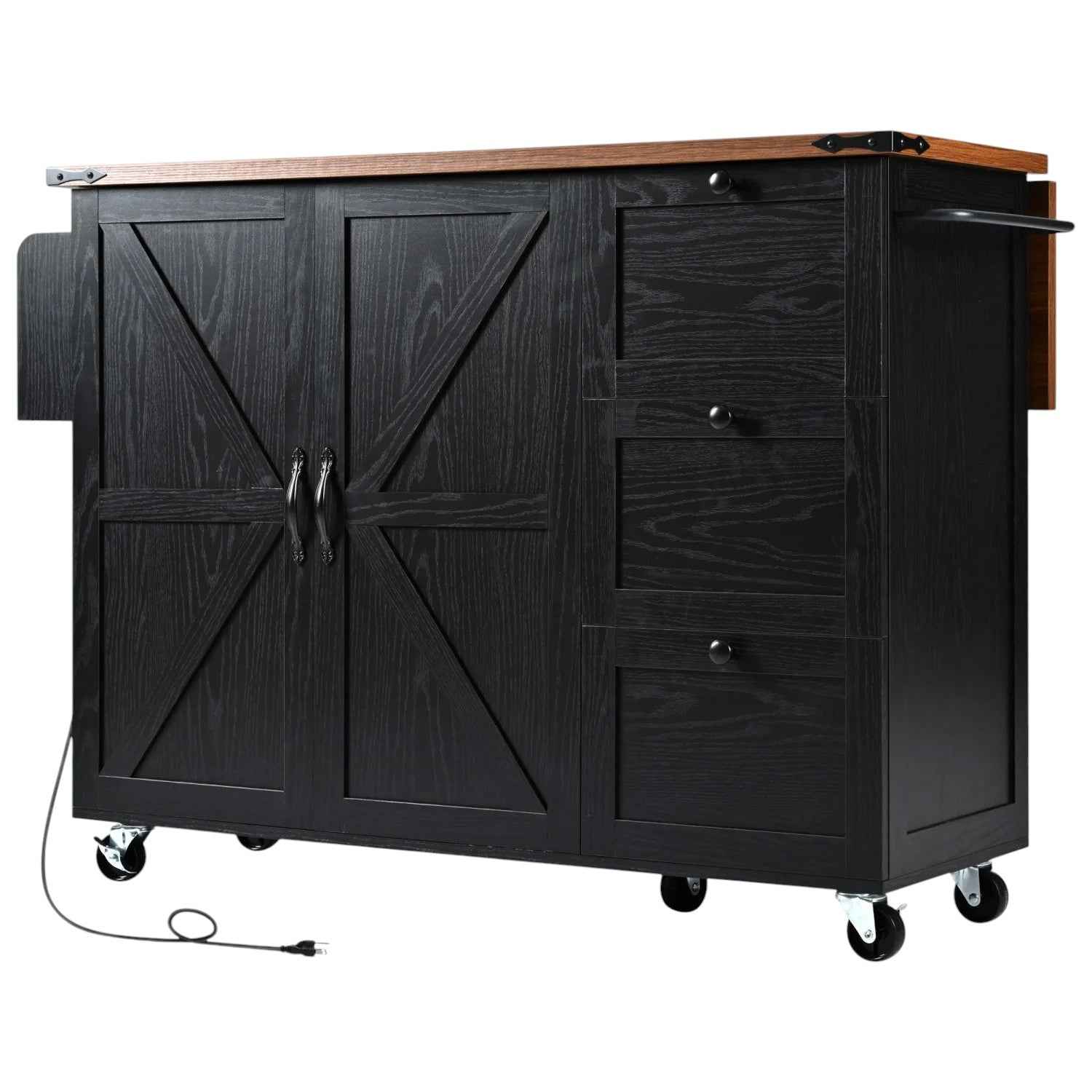 55" Black Wood Rolling Kitchen Island