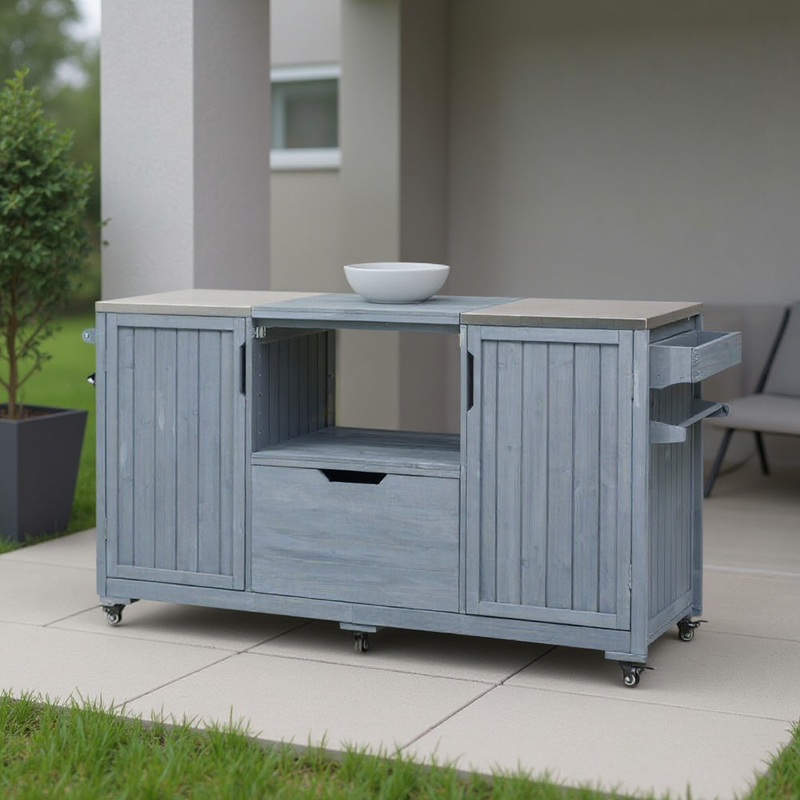 67" Light Blue Wood Rolling Kitchen Island With Storage - GreatEagleInc