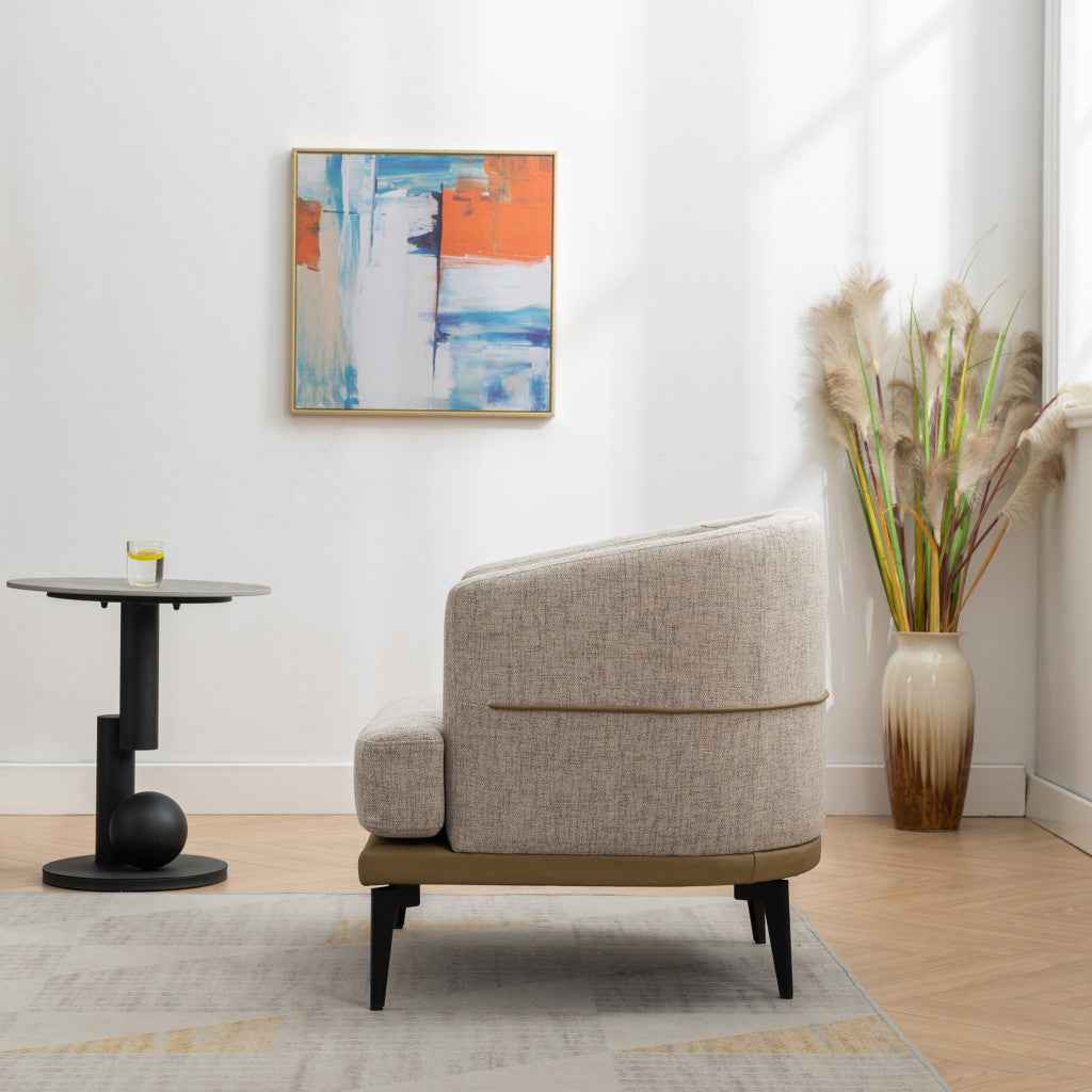 29" Beige Camel and Black Tufted Linen Solid and Manufactured Wood Barrel Chair