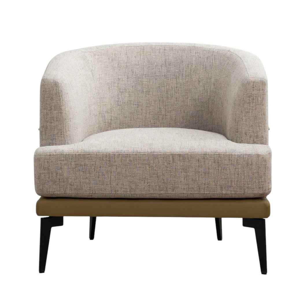 29" Beige Camel and Black Tufted Linen Solid and Manufactured Wood Barrel Chair