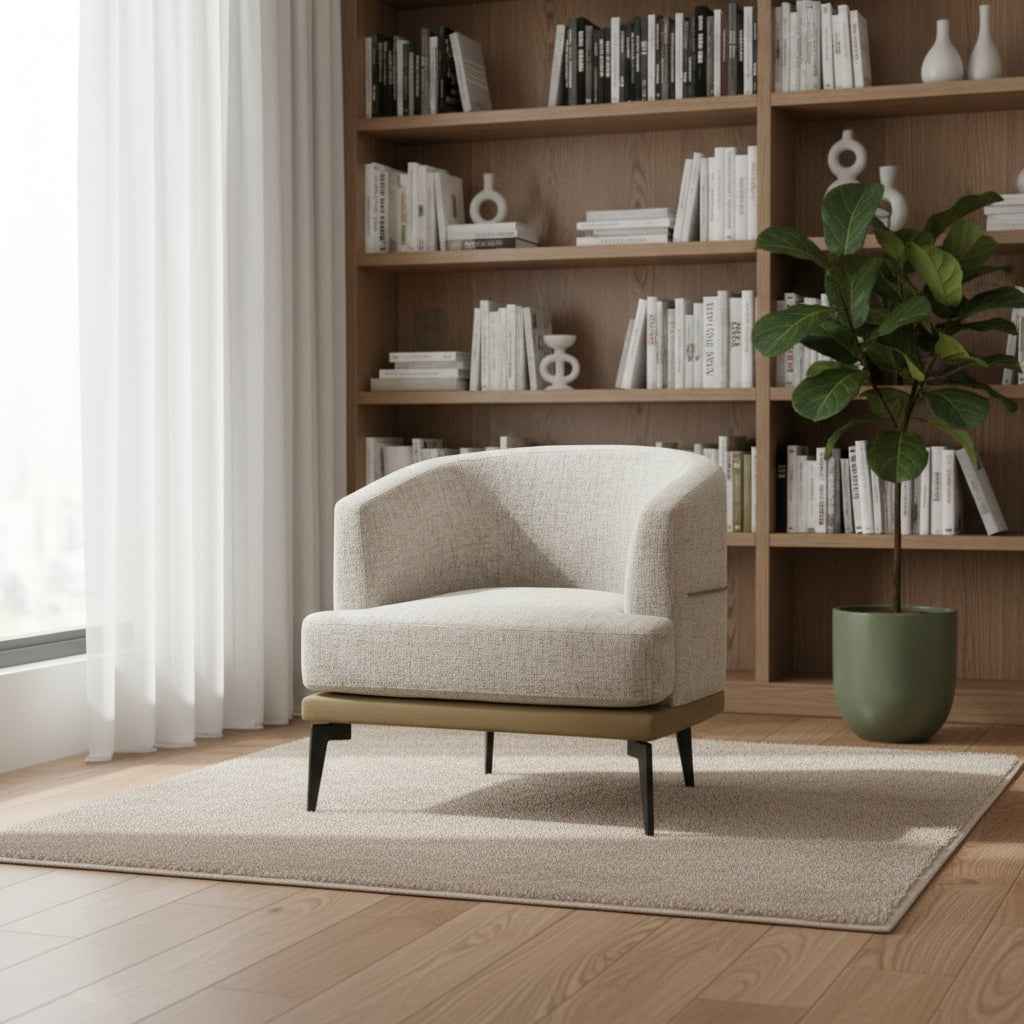 29" Beige Camel and Black Tufted Linen Solid and Manufactured Wood Barrel Chair