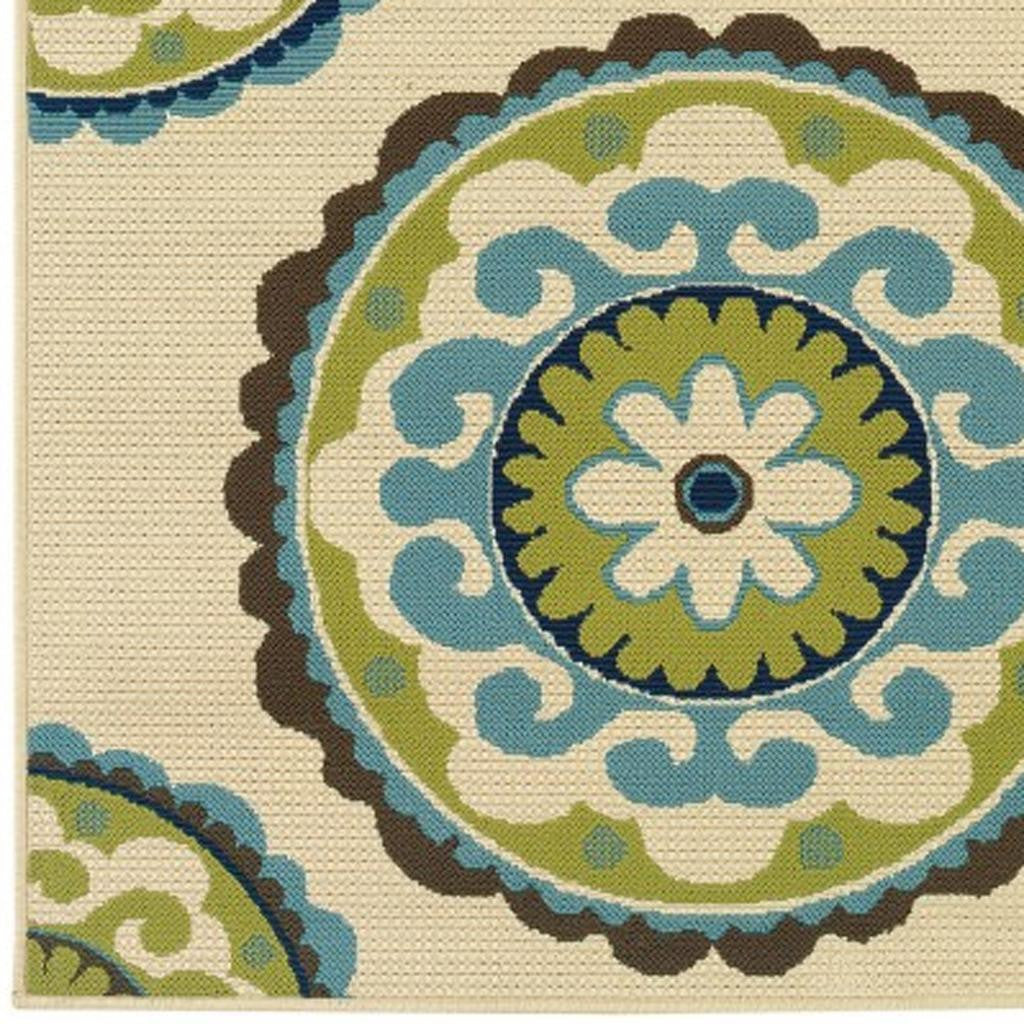 8' X 13' Ivory Indigo And Lime Green Floral Medallion Indoor Outdoor Area Rug - Outdoor