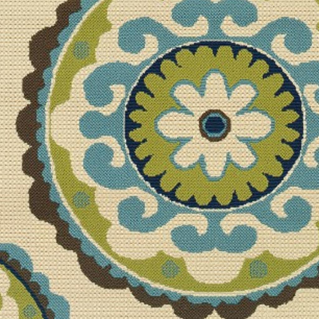8' X 13' Ivory Indigo And Lime Green Floral Medallion Indoor Outdoor Area Rug - Outdoor