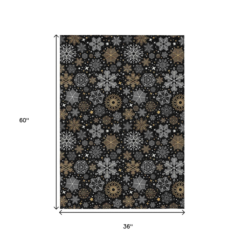 3' X 5' Black Gold And Gray Medallion Washable Indoor Outdoor Area Rug
