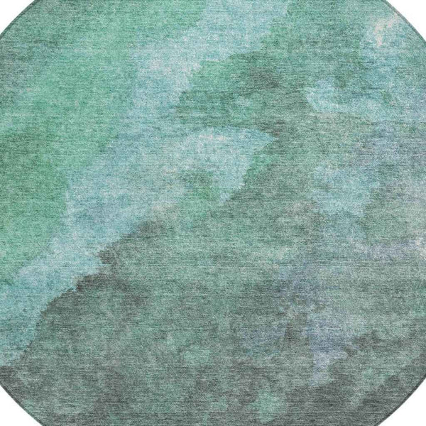 8' Teal Blue And Pale Aqua Round Abstract Washable Indoor Outdoor Area Rug