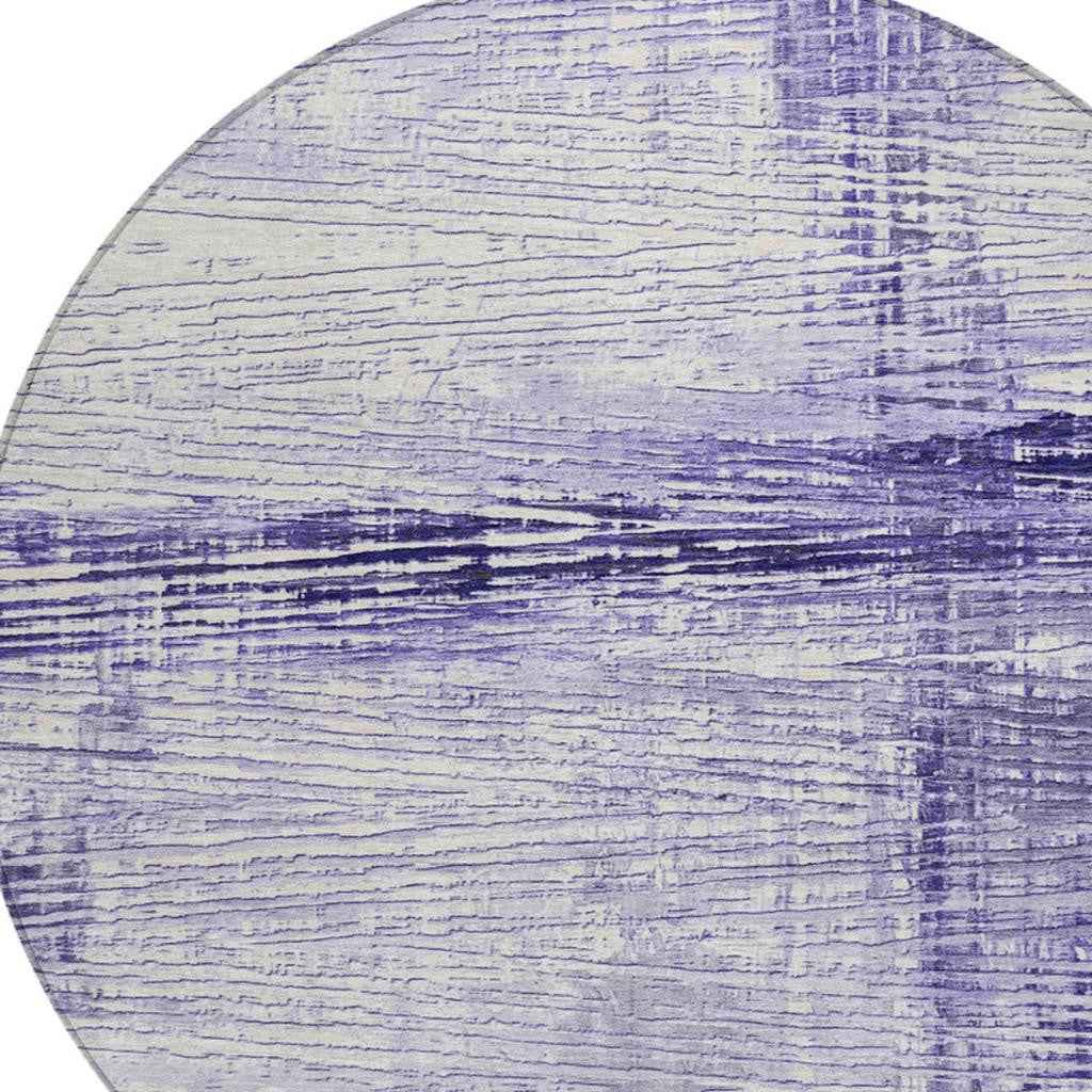 8' Lavender And Ivory Round Striped Washable Indoor Outdoor Area Rug