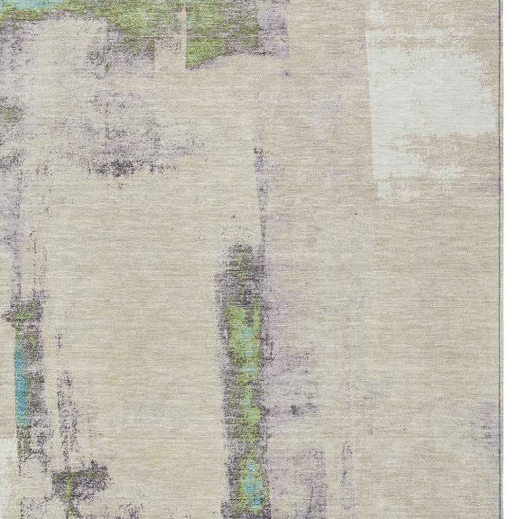 3' X 5' Linen And Fern Green Abstract Washable Indoor Outdoor Area Rug