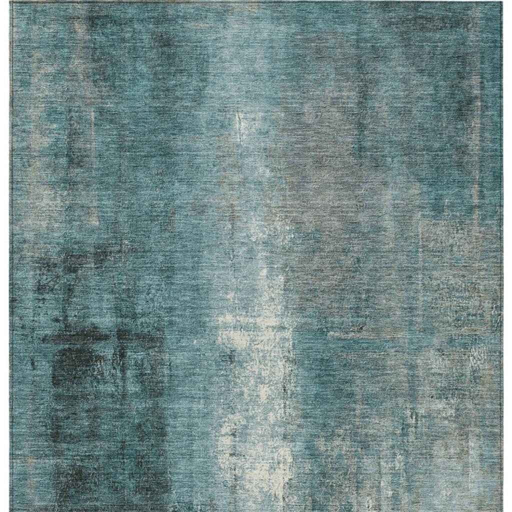 8' X 10' Teal Blue And Ivory Abstract Washable Indoor Outdoor Area Rug