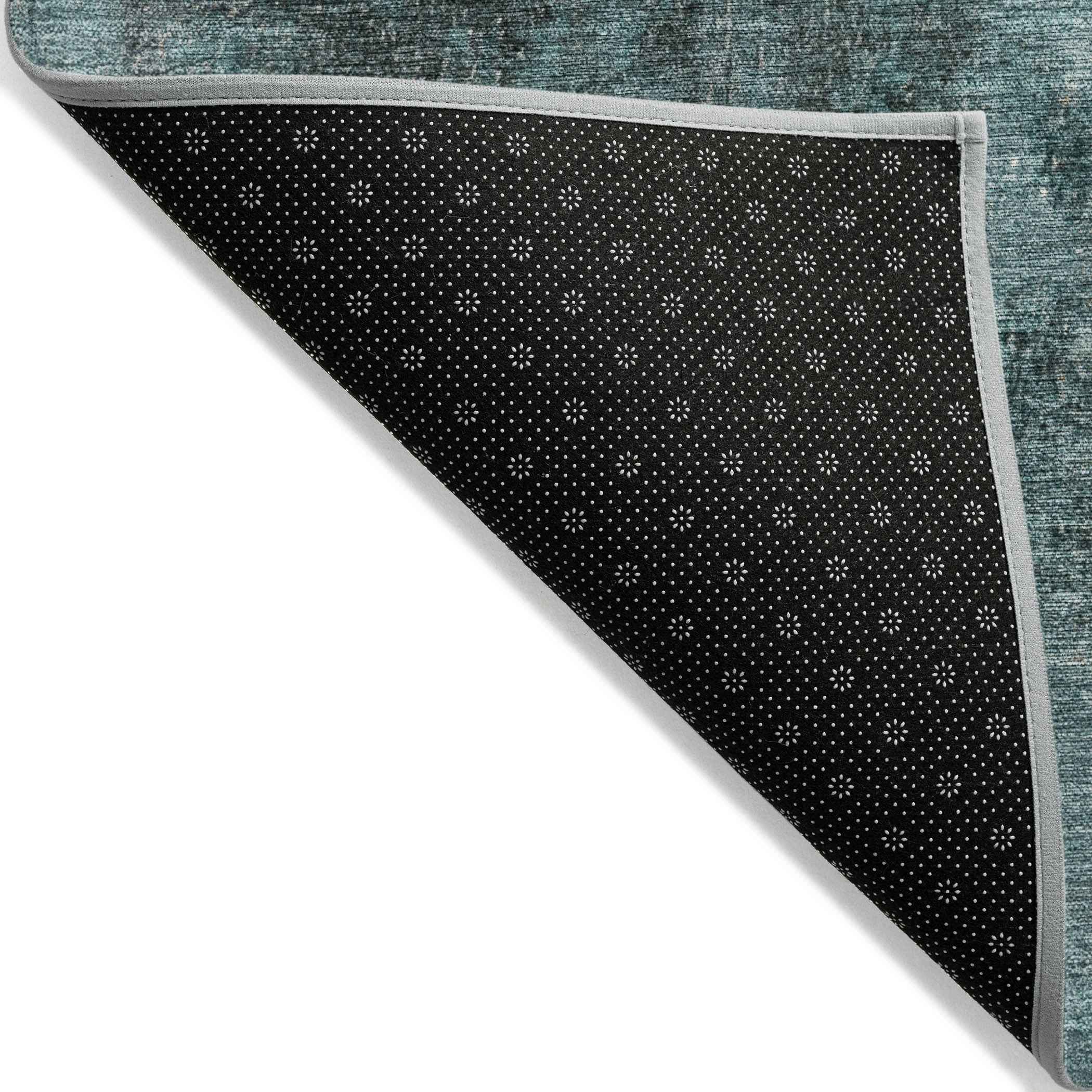 8' Teal Blue And Ivory Round Abstract Washable Indoor Outdoor Area Rug