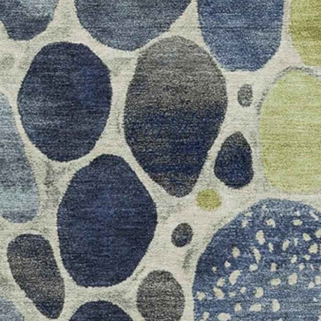 9' X 12' Denim Blue Ivory And Lime Green Geometric Washable Indoor Outdoor Area Rug