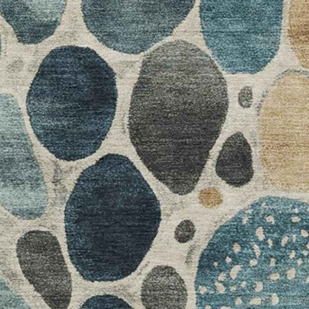 10' X 14' Teal Blue Beige And Ivory Geometric Washable Indoor Outdoor Area Rug
