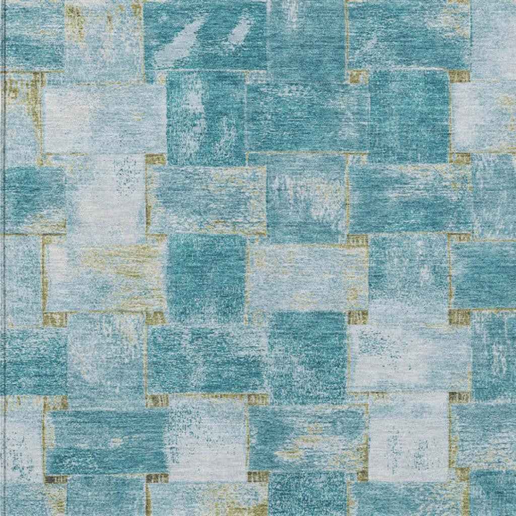 9' X 12' Teal Blue And Khaki Striped Washable Indoor Outdoor Area Rug