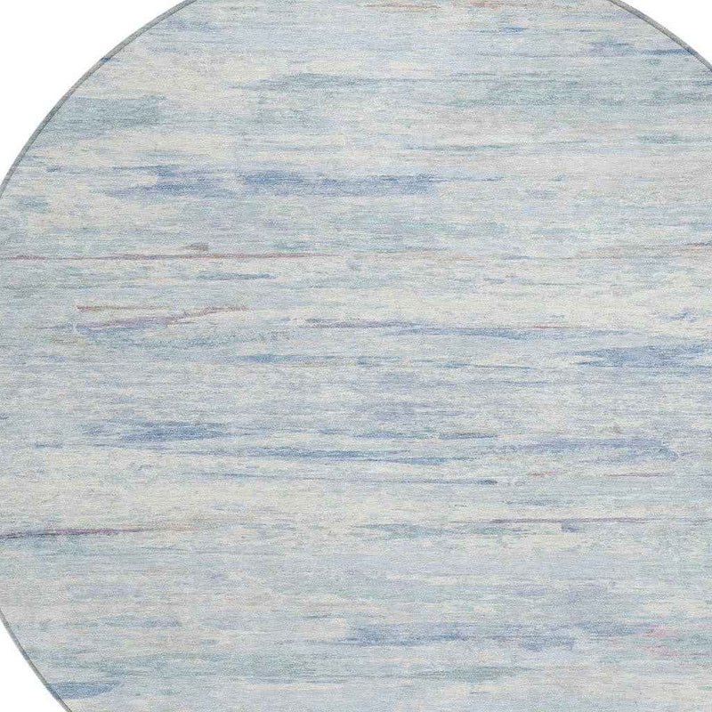 8' Sky Blue And Ivory Round Abstract Washable Indoor Outdoor Area Rug