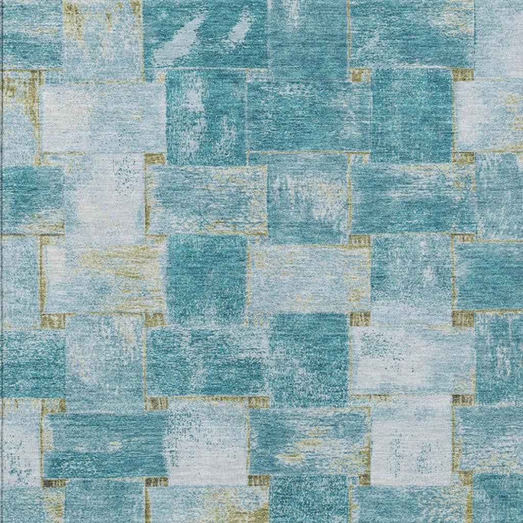 5' X 8' Teal Blue And Khaki Striped Washable Indoor Outdoor Area Rug