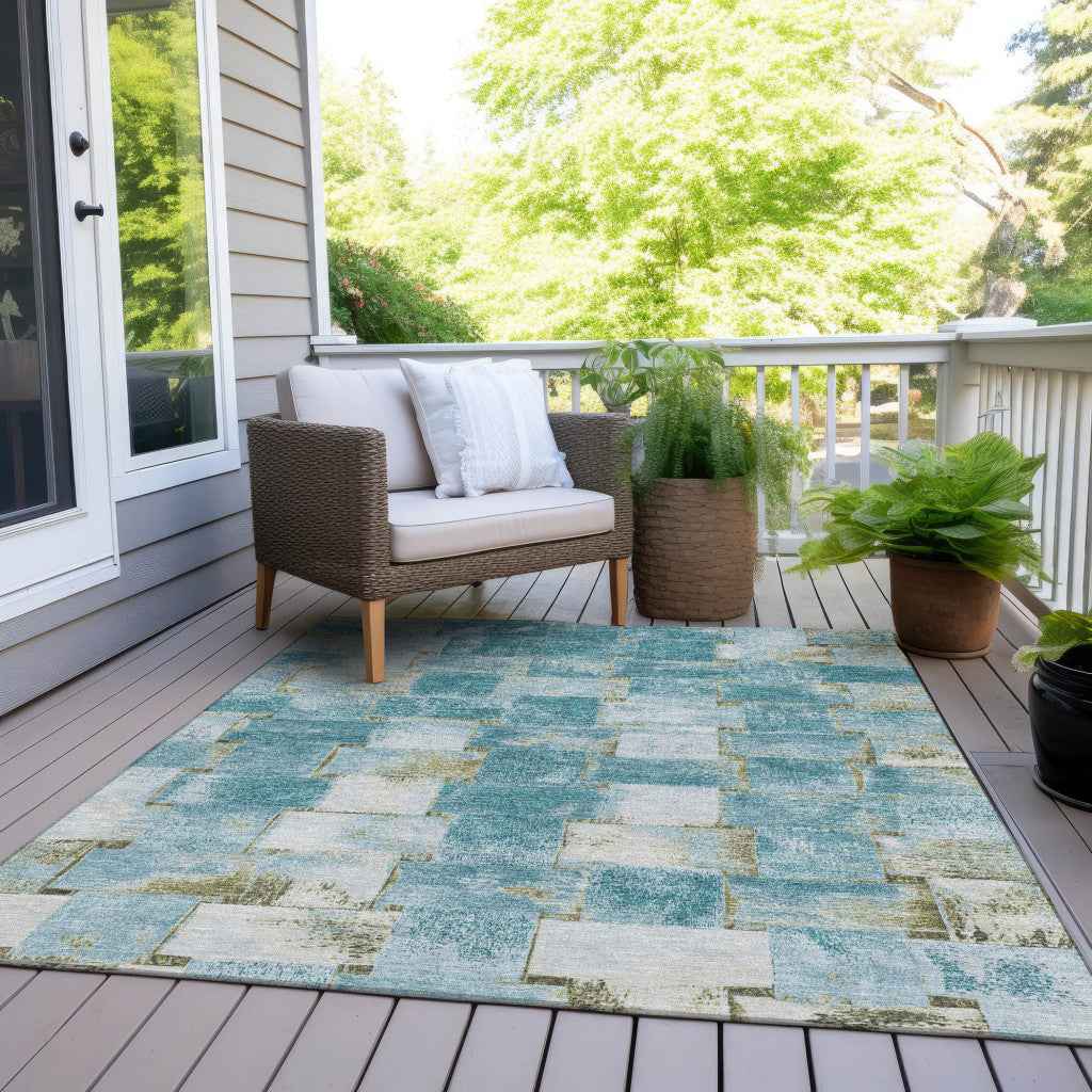 5' X 8' Teal Blue And Khaki Striped Washable Indoor Outdoor Area Rug