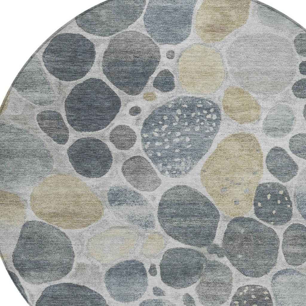 8' Pewter Beige And Ivory Round Geometric Washable Indoor Outdoor Area Rug