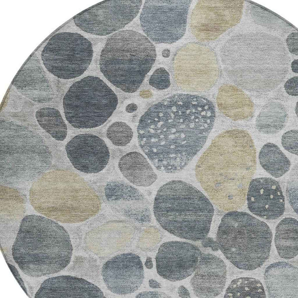 8' Pewter Beige And Ivory Round Geometric Washable Indoor Outdoor Area Rug
