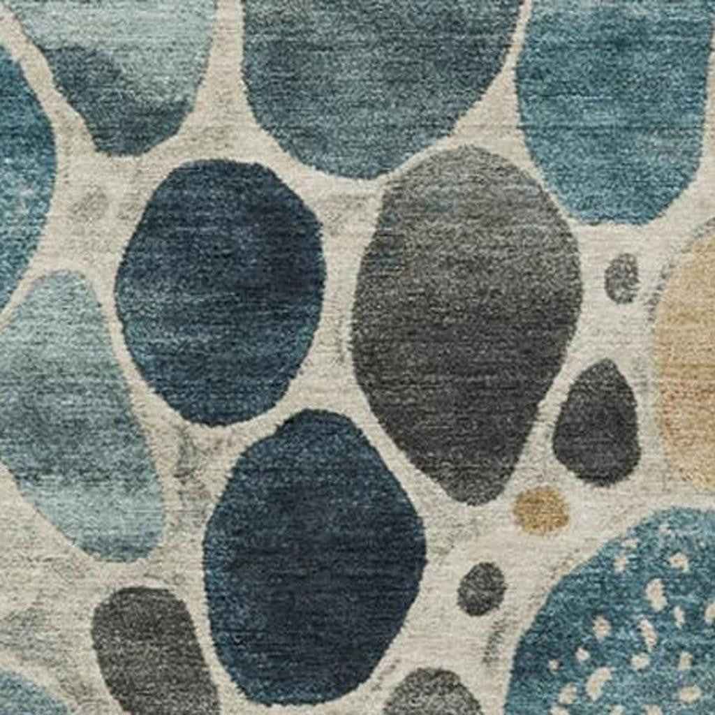 3' X 5' Teal Blue Beige And Ivory Geometric Washable Indoor Outdoor Area Rug