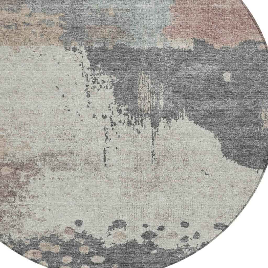 8' Khaki Charcoal And Ivory Round Abstract Washable Indoor Outdoor Area Rug