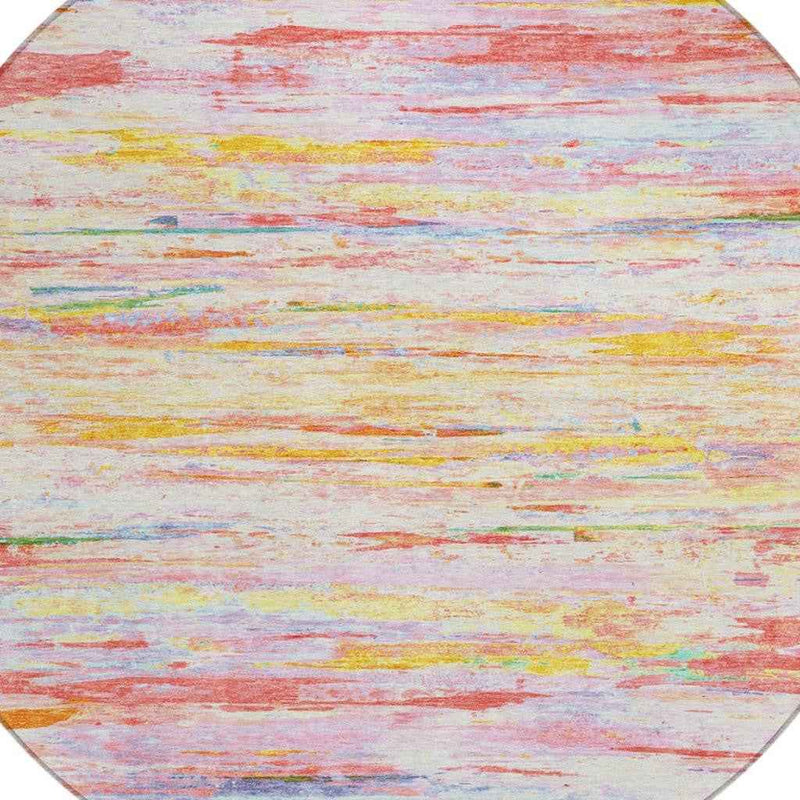 8' Coral And Yellow Round Abstract Washable Indoor Outdoor Area Rug