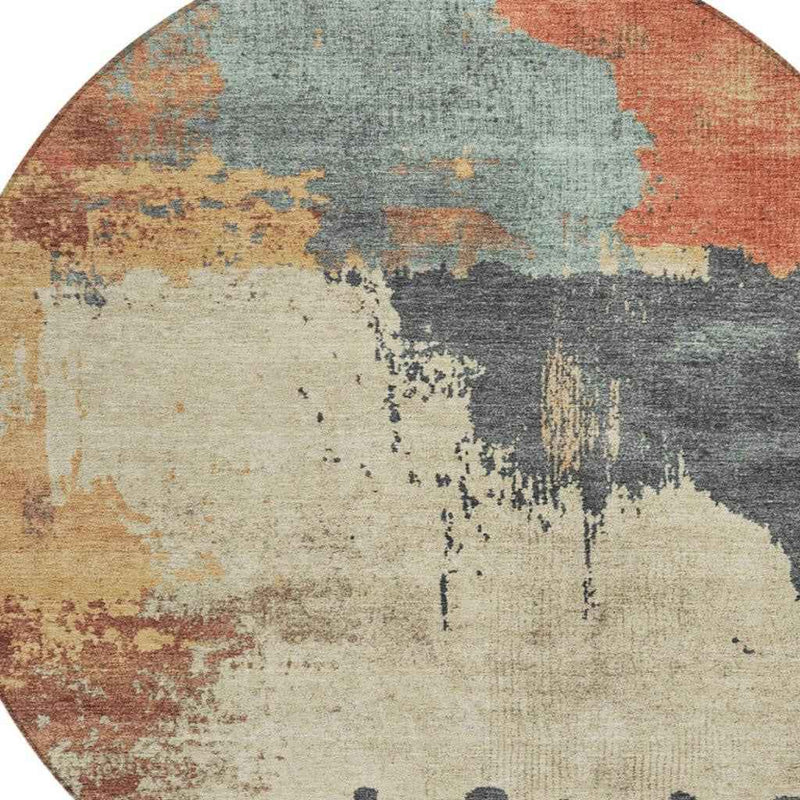 8' Rust Beige And Charcoal Round Abstract Washable Indoor Outdoor Area Rug