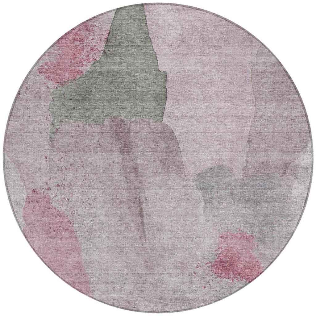 8' Blush And Gray Round Abstract Washable Indoor Outdoor Area Rug