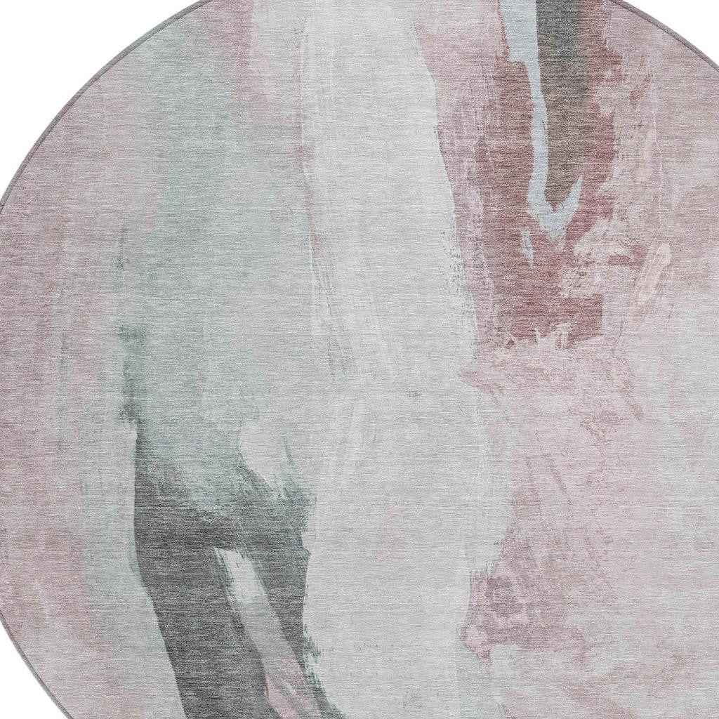 8' Blush And Gray Round Abstract Washable Indoor Outdoor Area Rug