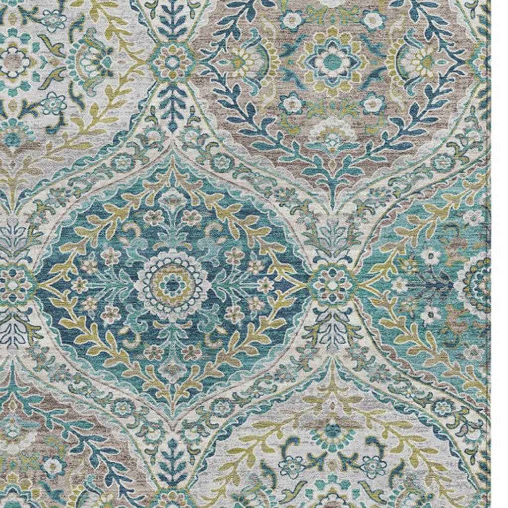 9' X 12' Teal Blue Fern Green And Beige Floral Washable Indoor Outdoor Area Rug