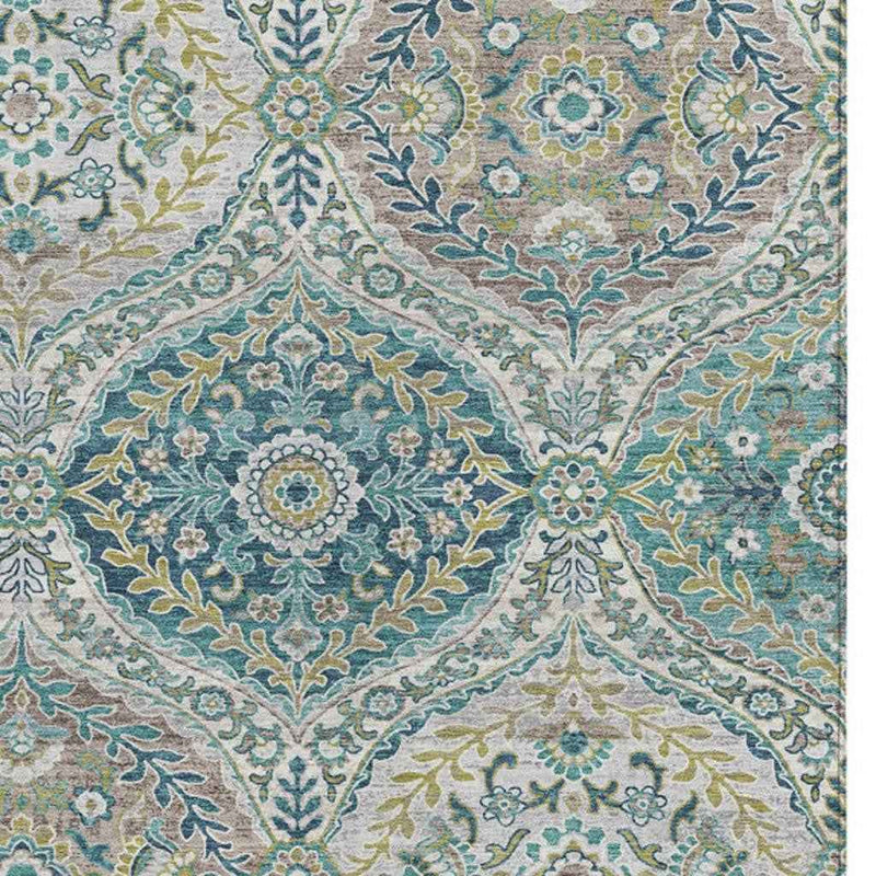 9' X 12' Teal Blue Fern Green And Beige Floral Washable Indoor Outdoor Area Rug