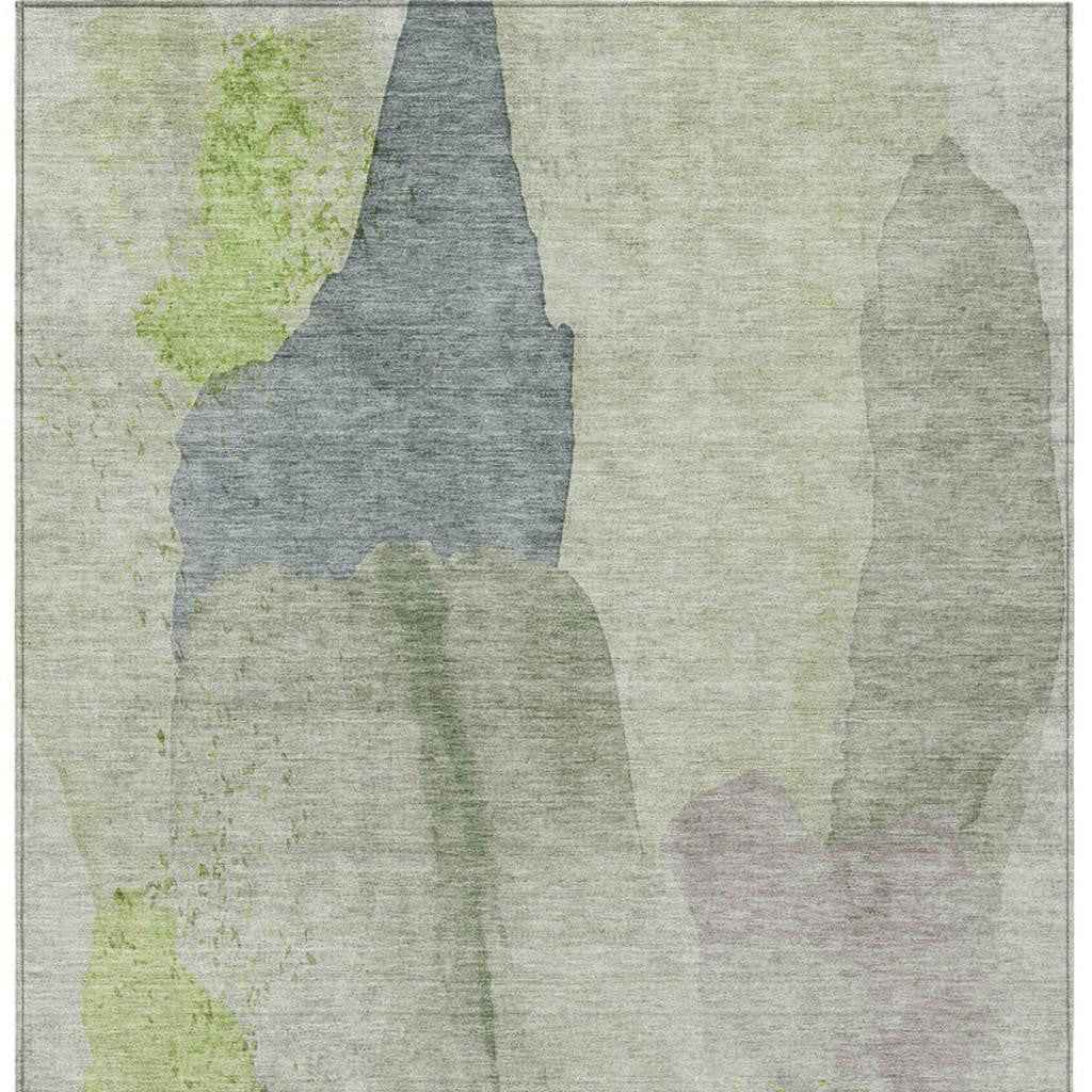 3' X 5' Artichoke Green And Taupe Abstract Washable Indoor Outdoor Area Rug