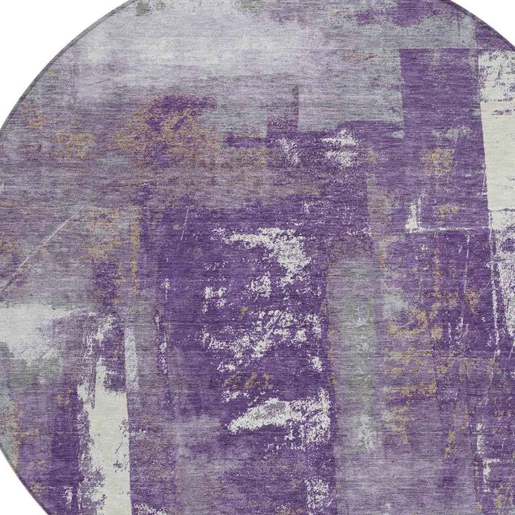 8' Purple And Ivory Round Abstract Washable Indoor Outdoor Area Rug