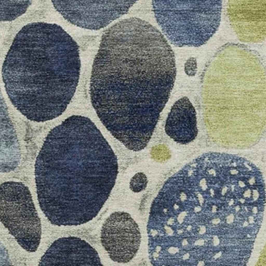 3' X 5' Denim Blue Ivory And Lime Green Geometric Washable Indoor Outdoor Area Rug