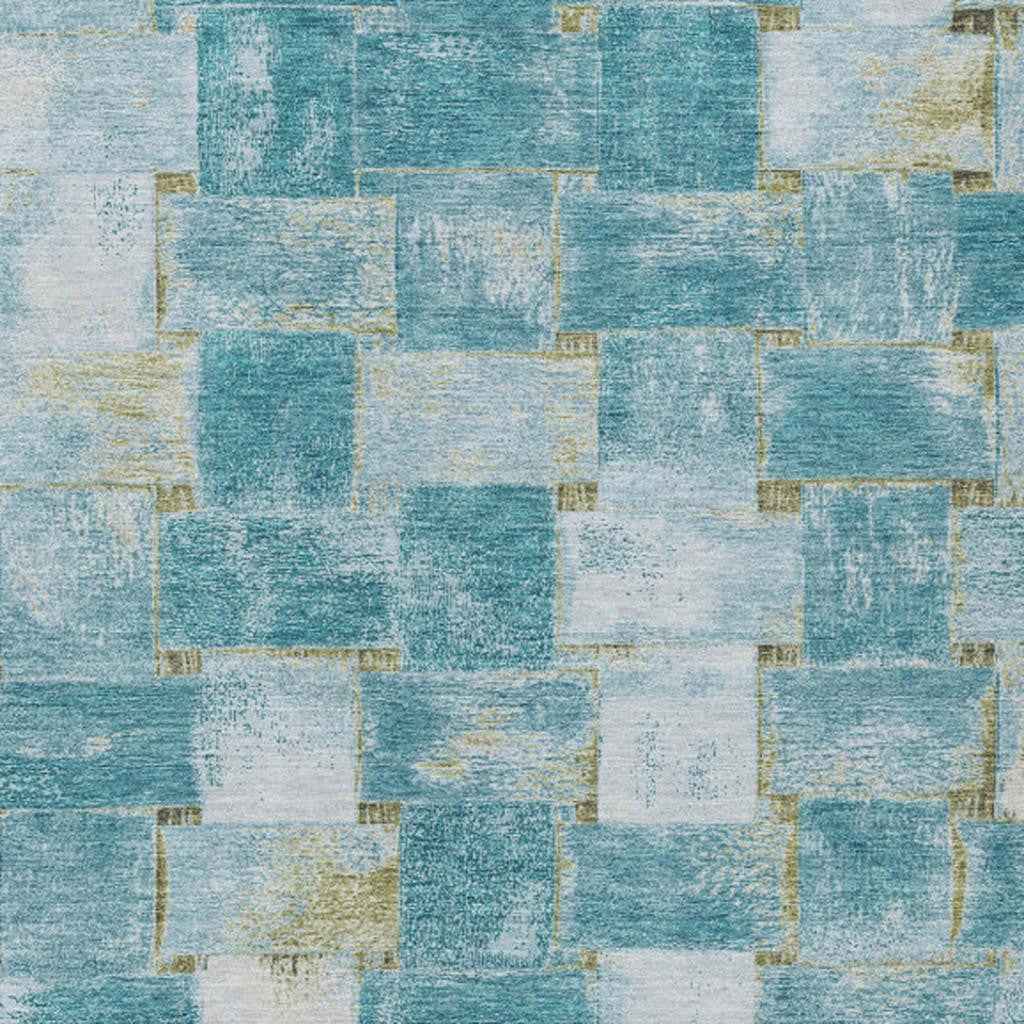 3' X 5' Teal Blue And Khaki Striped Washable Indoor Outdoor Area Rug