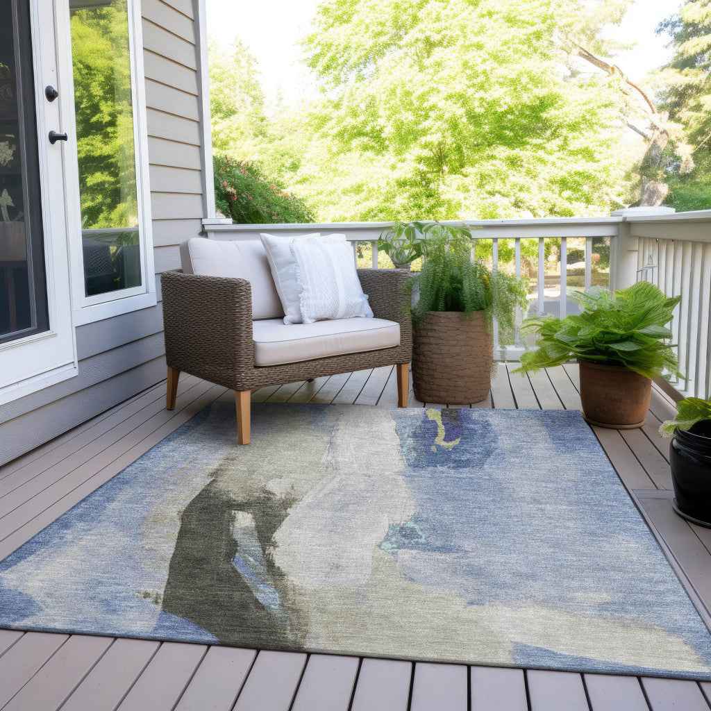 8' X 10' Denim Blue And Gray Abstract Washable Indoor Outdoor Area Rug