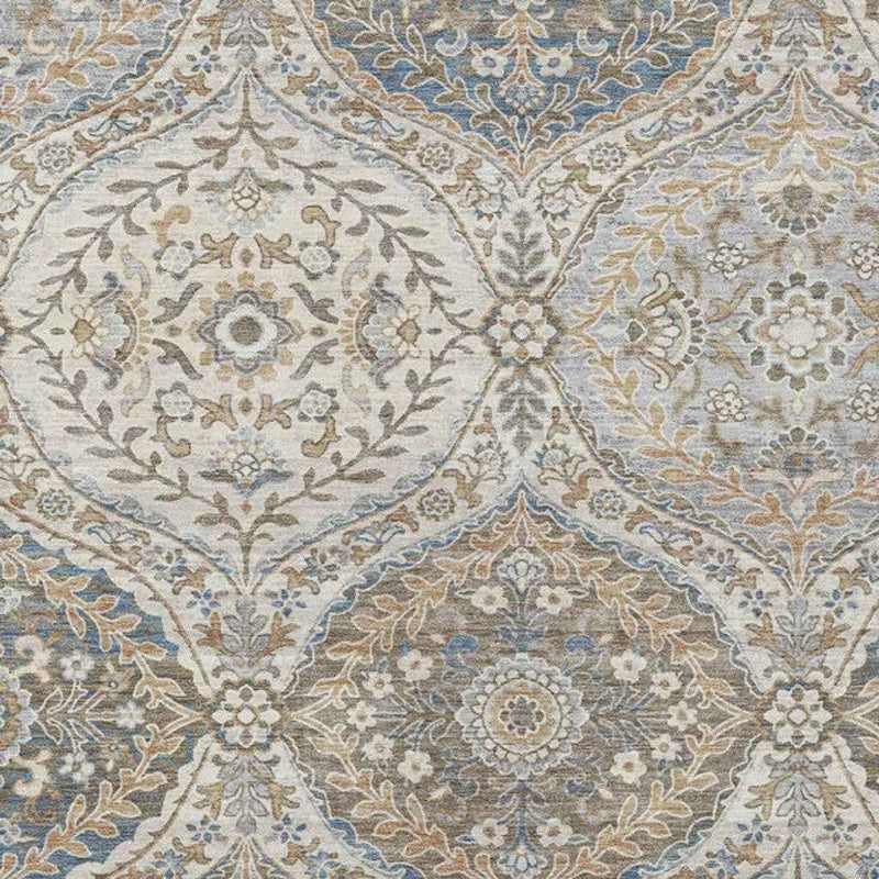 10' X 14' Beige Gold And Denim Blue Floral Washable Indoor Outdoor Area Rug