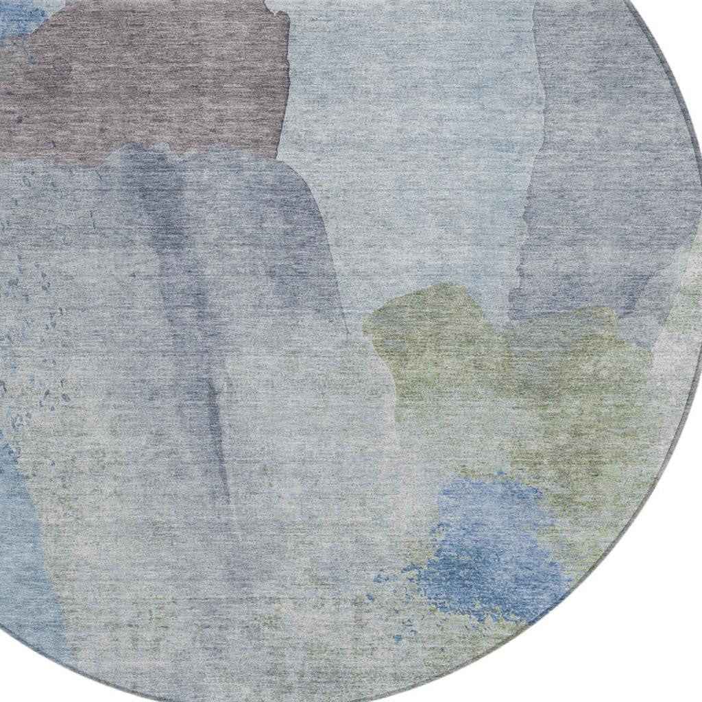 8' Denim Blue And Gray Round Abstract Washable Indoor Outdoor Area Rug