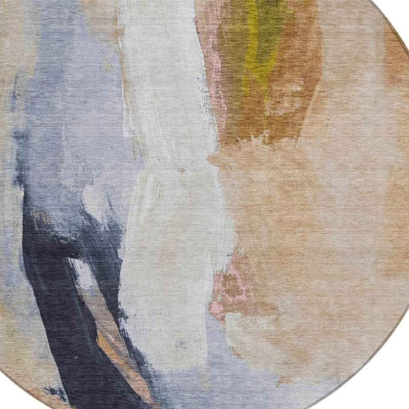 8' Beige And Navy Blue Round Abstract Washable Indoor Outdoor Area Rug