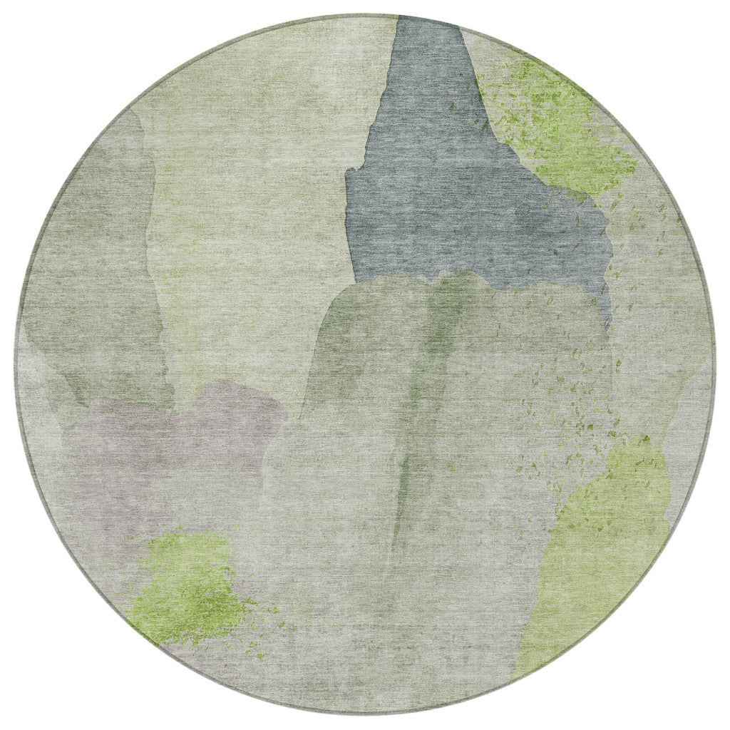 8' Artichoke Green And Taupe Round Abstract Washable Indoor Outdoor Area Rug