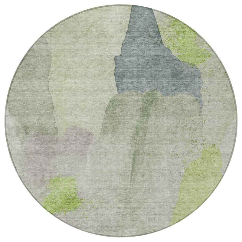 8' Artichoke Green And Taupe Round Abstract Washable Indoor Outdoor Area Rug