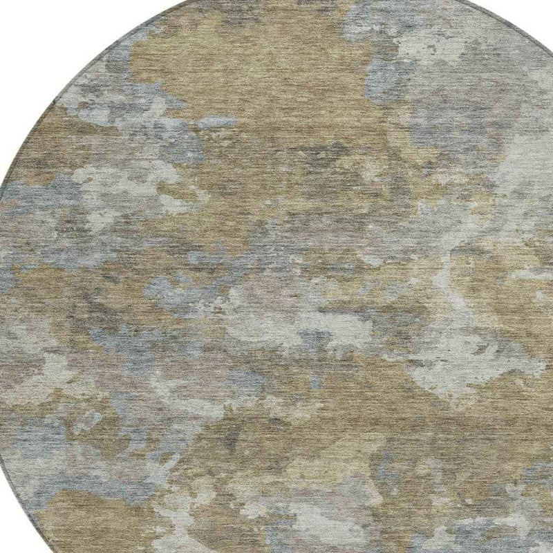 8' Gold And Ivory Round Abstract Washable Indoor Outdoor Area Rug