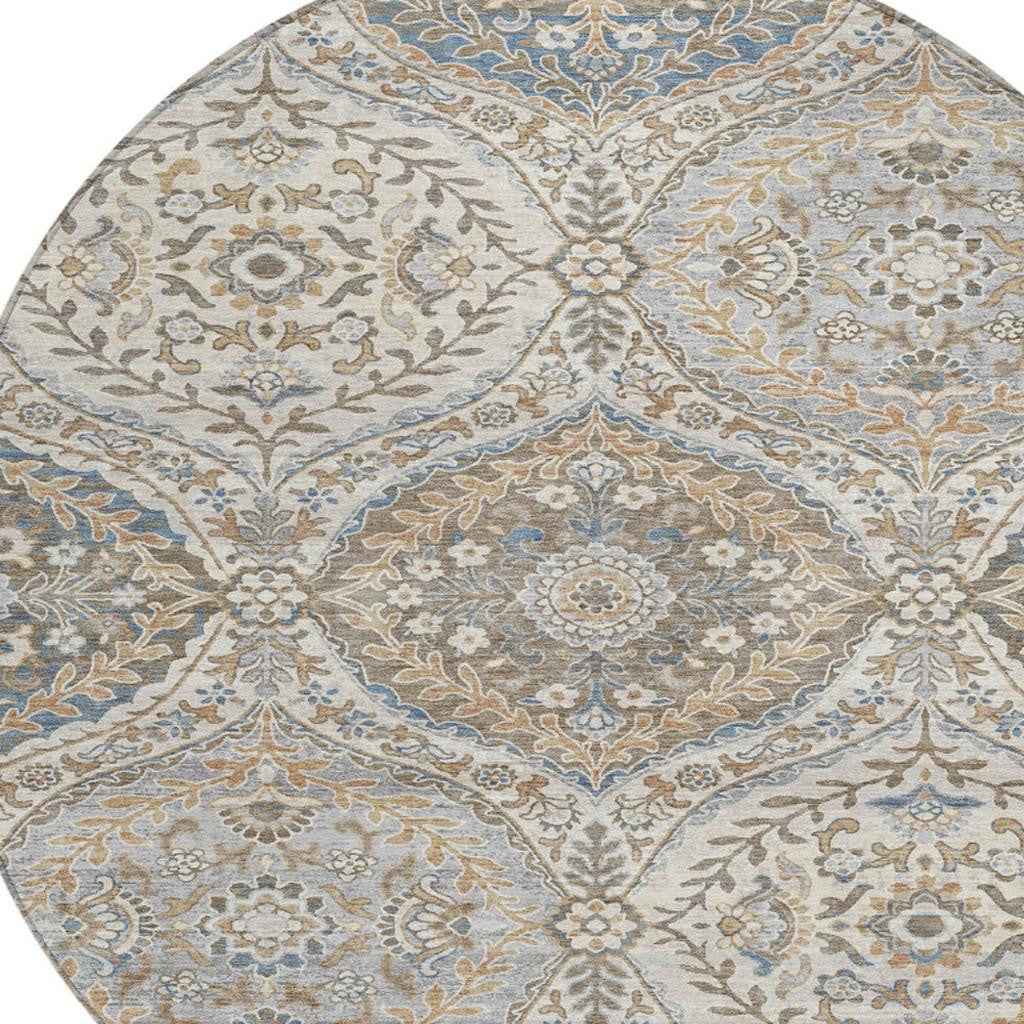 8' Beige Gold And Denim Blue Round Floral Washable Indoor Outdoor Area Rug