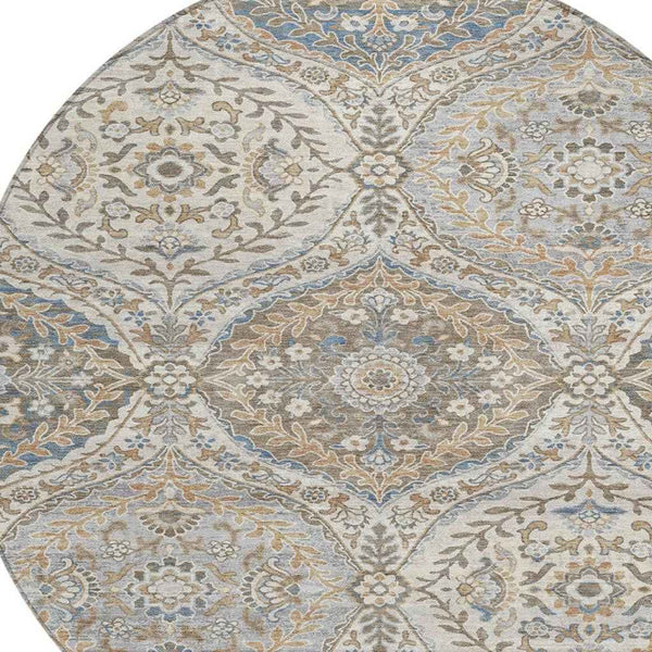 8' Beige Gold And Denim Blue Round Floral Washable Indoor Outdoor Area Rug