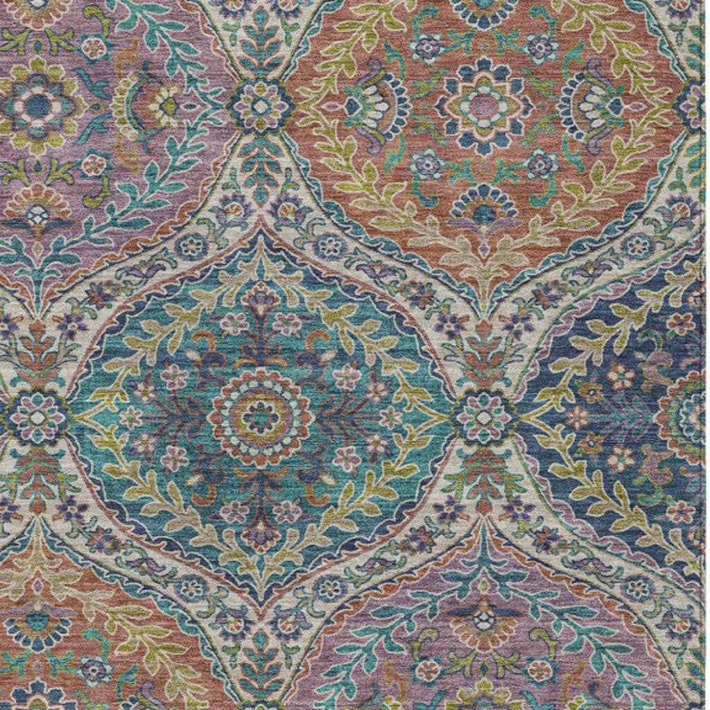 10' X 14' Blue Copper And Gold Floral Washable Indoor Outdoor Area Rug