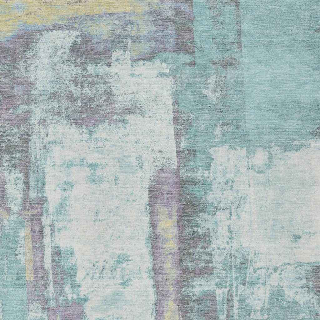 10' X 14' Teal Blue And Ivory Abstract Washable Indoor Outdoor Area Rug