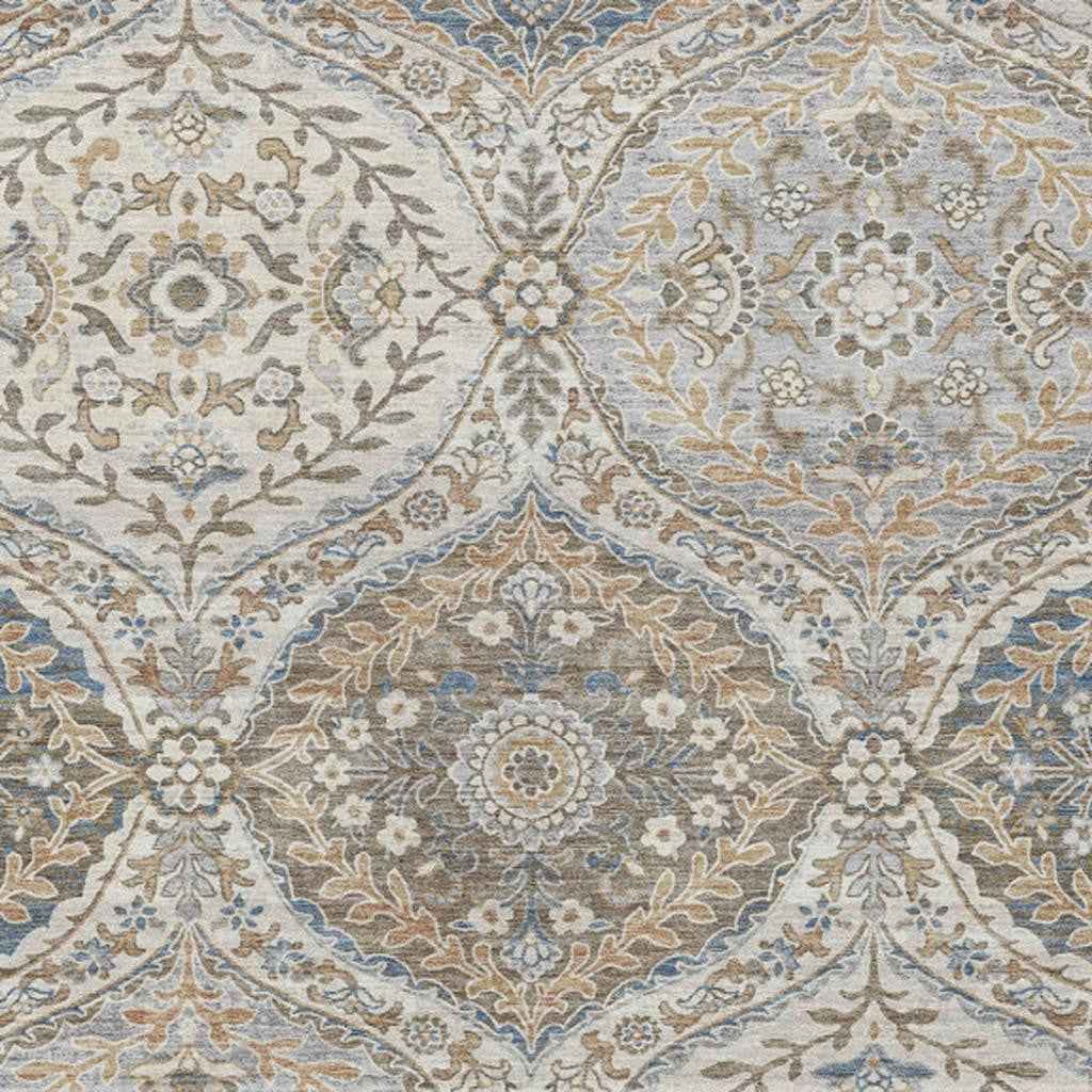 8' X 10' Beige Gold And Denim Blue Floral Washable Indoor Outdoor Area Rug