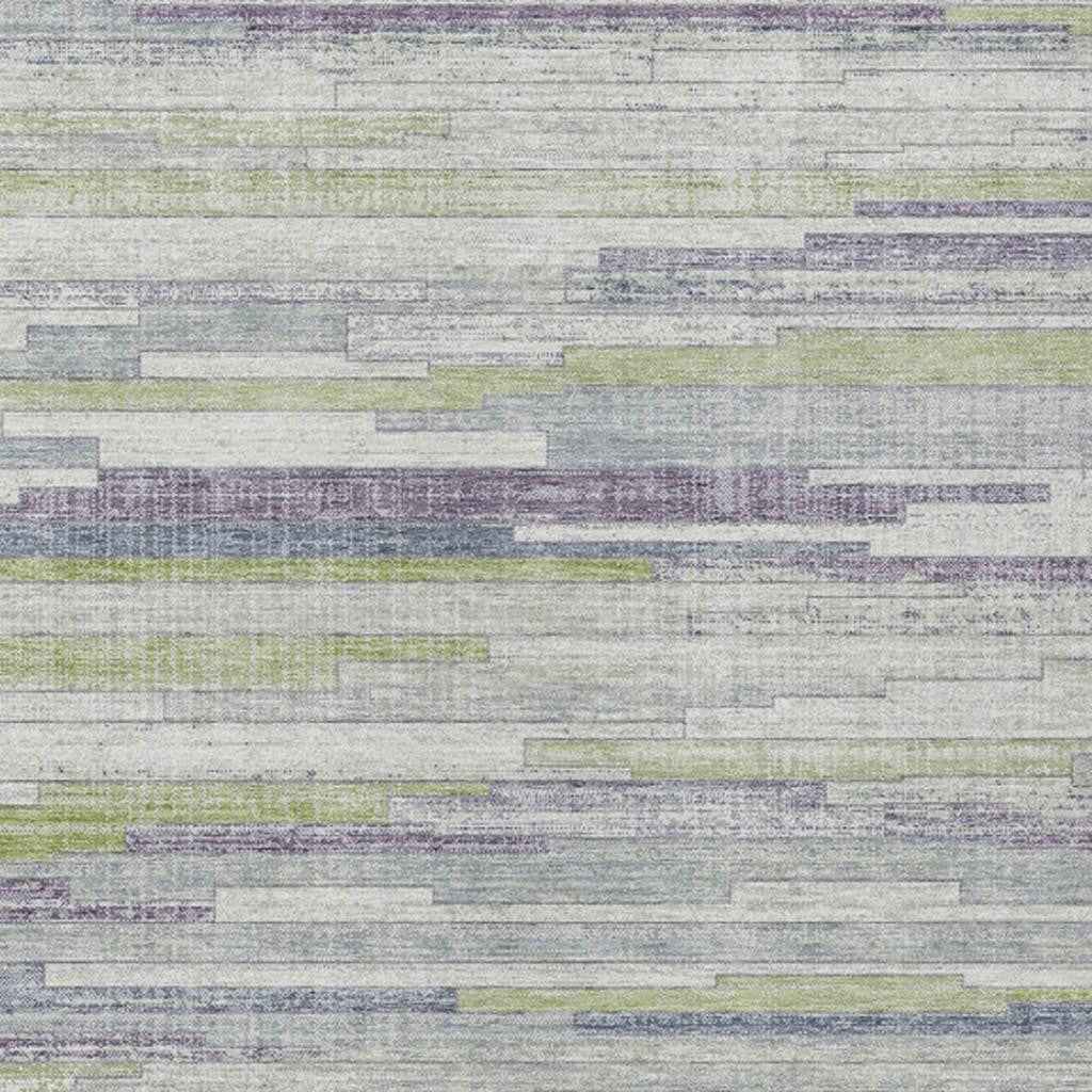 9' X 12' Artichoke Green And Plum Striped Washable Indoor Outdoor Area Rug